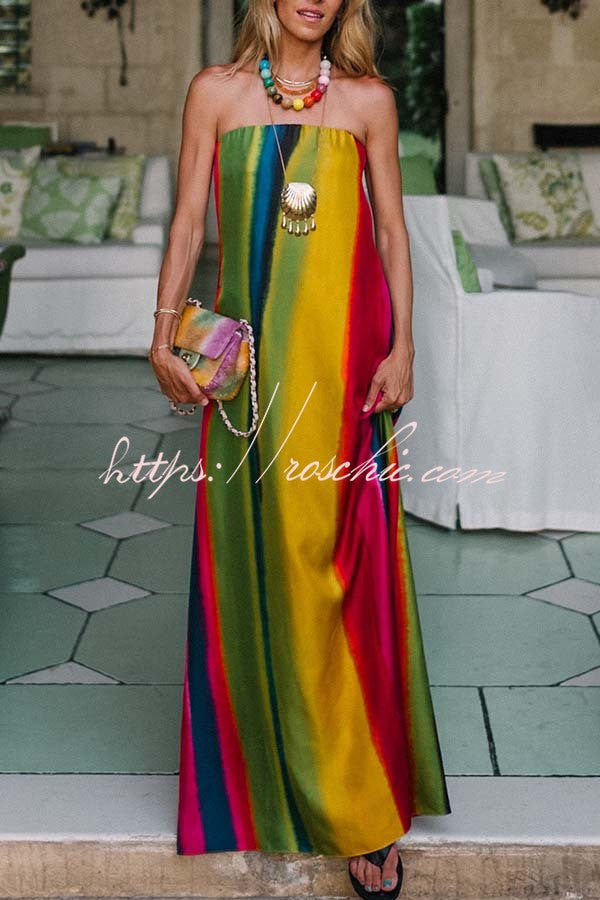 Artistic Rainbow Satin Watercolor Print Off Shoulder Pocketed H-line Maxi Dress