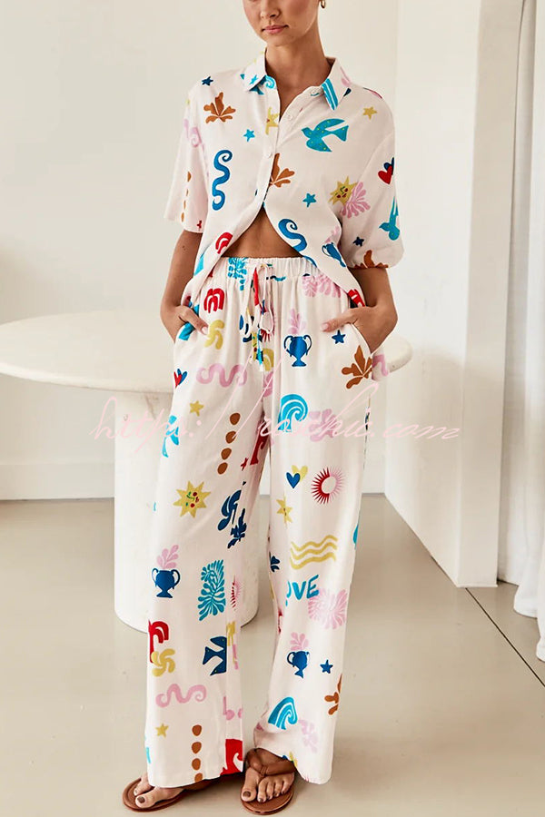 Summer Beach Element Printed Button Lace Up Pocket Pants Suit