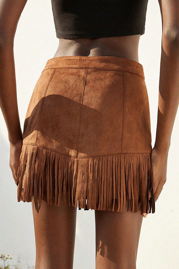 Fashion Suede Studded Tassel Hem Mini Skirt