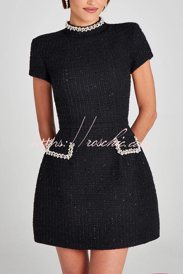 Exquisite and Playful Tweed Fabric Pearl Trim Short Sleeve Pocketed Mini Dress, Black / XL Exquisite and Playful Tweed Fabric Pearl Trim Short Sleeve Pocketed Mini Dress, Black / XL