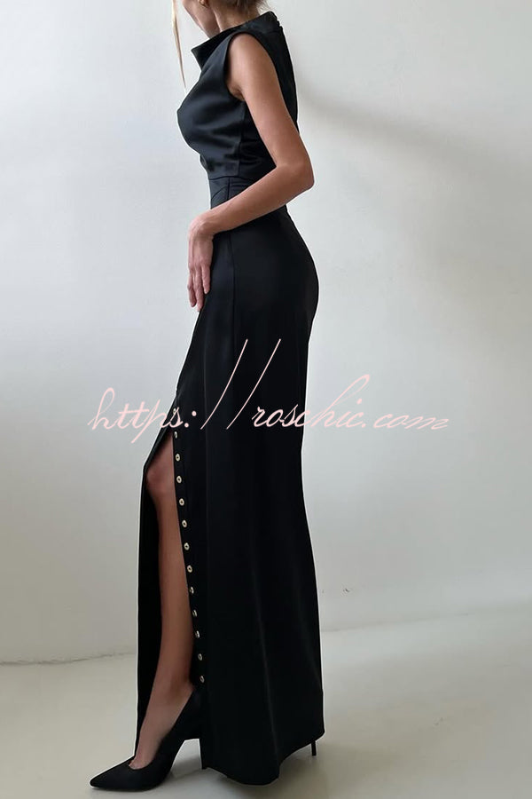 Solid Color Casual Sleeveless Crop Top and Elegant Button-down Maxi Skirt Set