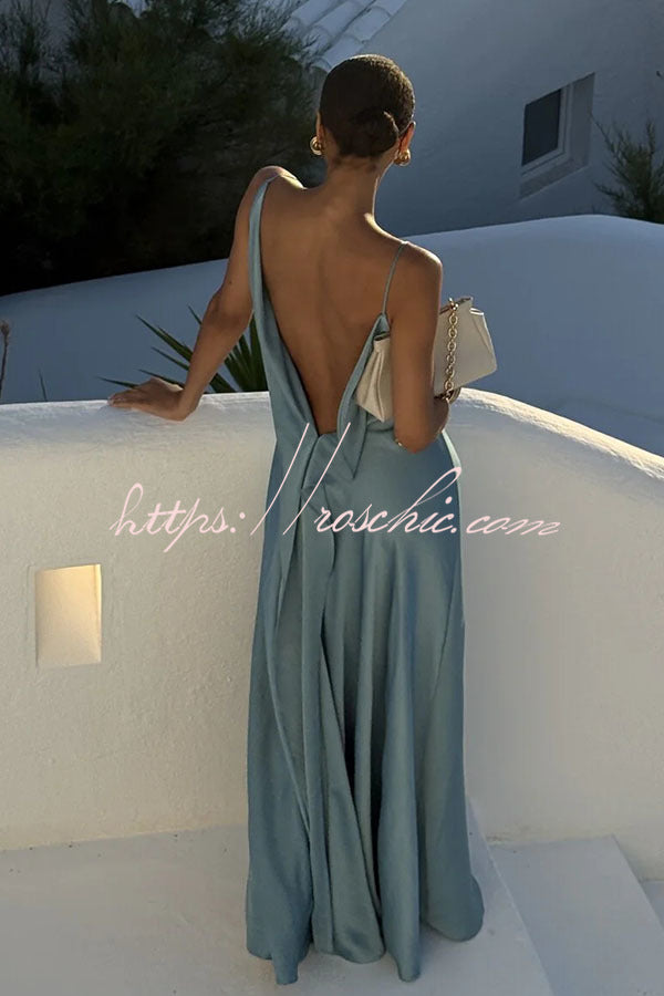 Flowing Elegance Satin Draped Neck Backless Ruffle Slit Maxi Dress