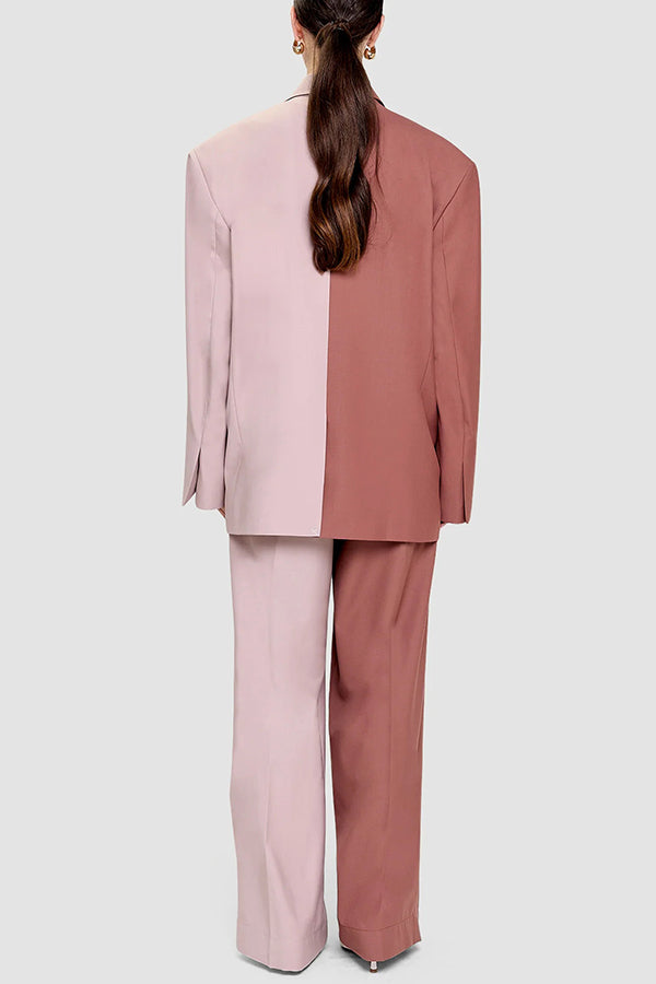 Girl Boss Avant-garde Contrast Colors Lapel Boyfriend Blazer and Pocketed Wide Leg Pants Set