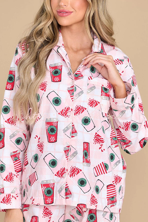 Need The Caffeine Print Elastic Waist Pocketed Dust Pajama Set