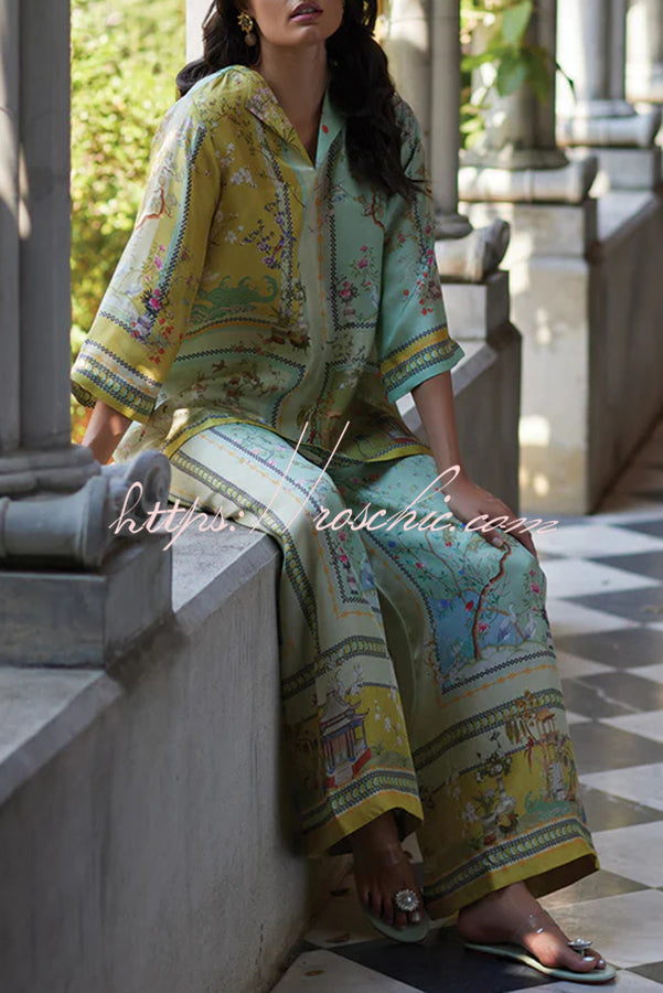 Elonie Satin Floral Print V-neck Half Sleeve Top and Elastic Waist Wide Leg Pants Set