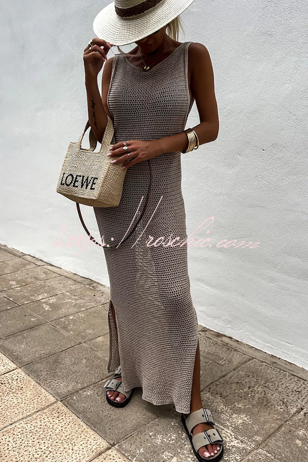 Solid Color Knitted Cutout Slit Slim Fit Maxi Dress