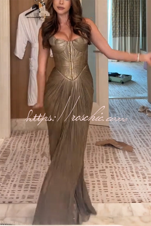 Vegas Queen Metallic Pleated Sculpted Bodice Back Lace-up Drape Maxi Dress