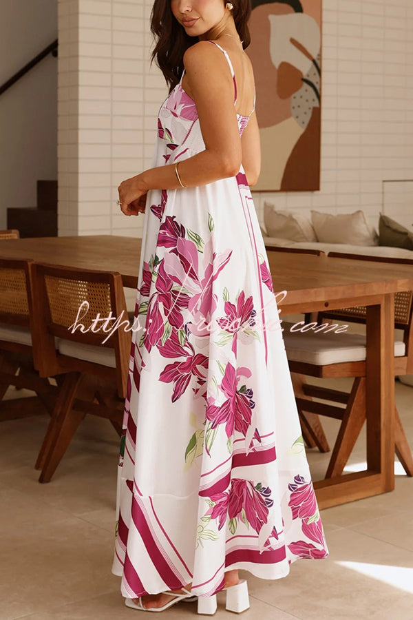 Botanical Print Halter Square Neck Pleated Loose Maxi Dress