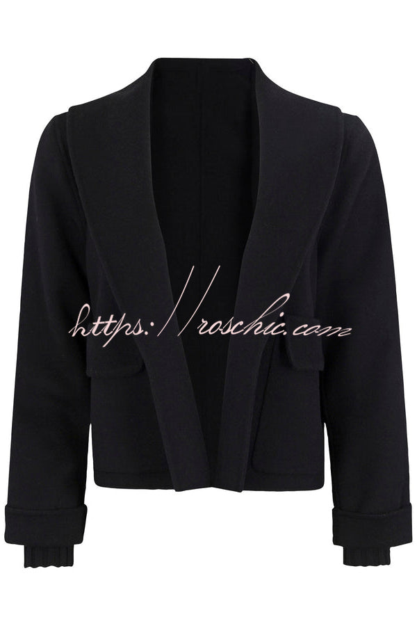 Comfortable Season Shawl Collar Open-front Long Sleeve Flap Pockets Crop Coat