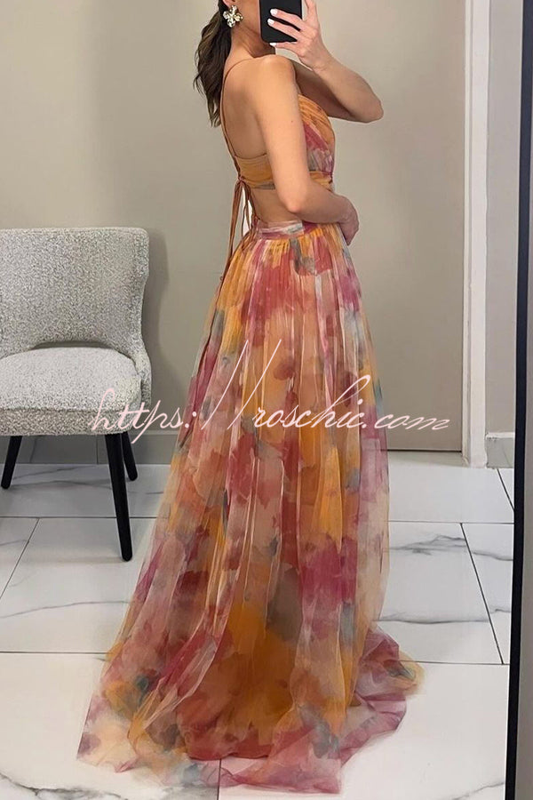 chinese dress ladies Giselle Tulle Render Floral Print Cutout Waist Back Lace-up Maxi Dress –  roschic