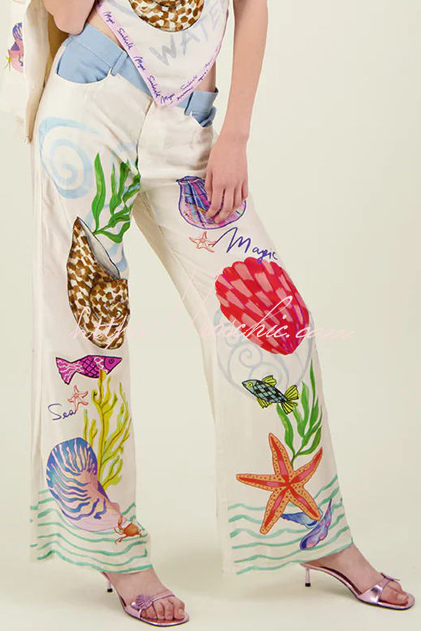 Dream Ocean Satin Unique Print Back Elastic Waist Pocketed Wide Leg Pants