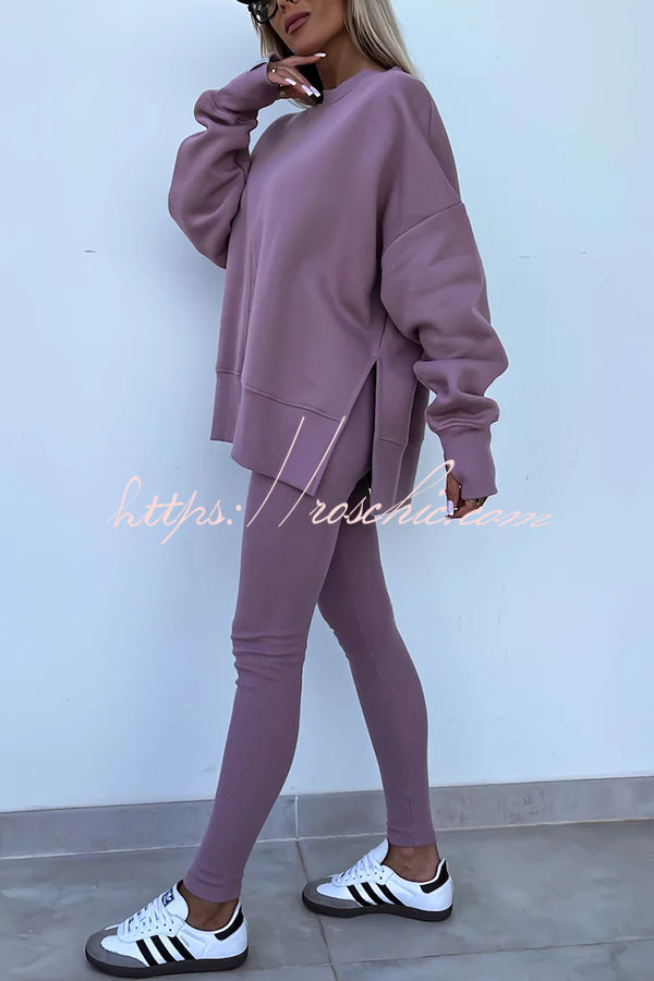 Solid Color Loose Long Sleeve SlitSweatshirt and Elastic Waist Tight Pants Set