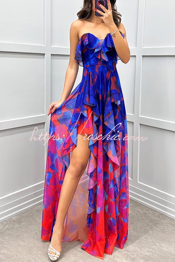 Loving Moment Gradient Unique Print Flowing Layered Ruffles Strapless roschic Loving Moment Gradient Unique Print Flowing Layered Ruffles Strapless roschic