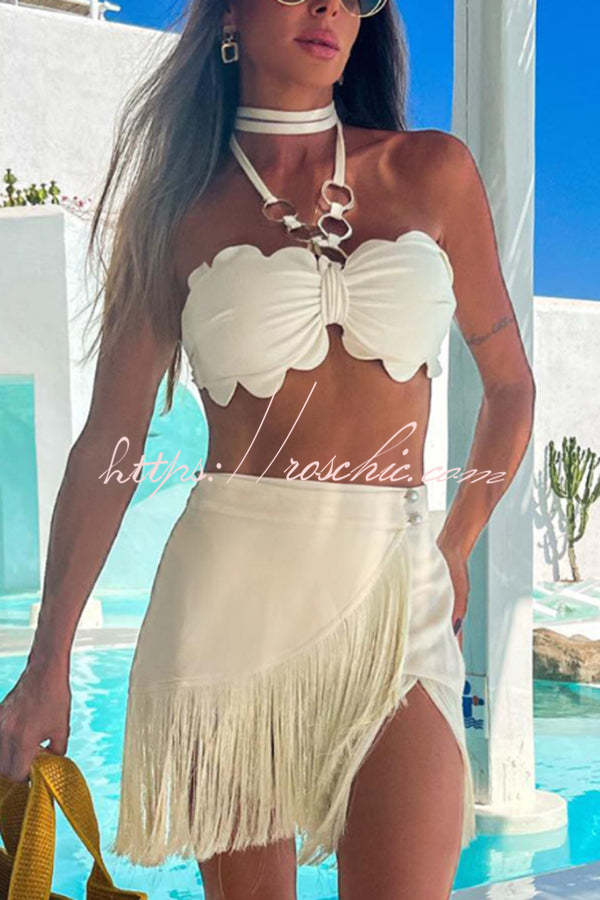 Solid Color Halter Neck Tassel Skirt Stretch Two-piece Bikini Swimsuit