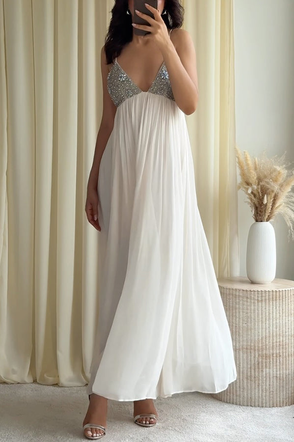 sequin dress flowy Ellie Contrast Bead Detail Chiffon Hem Slip Maxi French sleeves Color:White - Katelyn Included-FF26-Women Nails To Match A