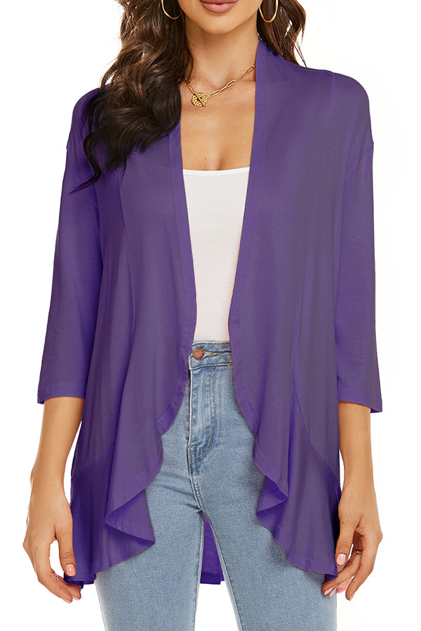 Solid Color Casual Three-quarter Sleeve Ruffled Loose Cardigan