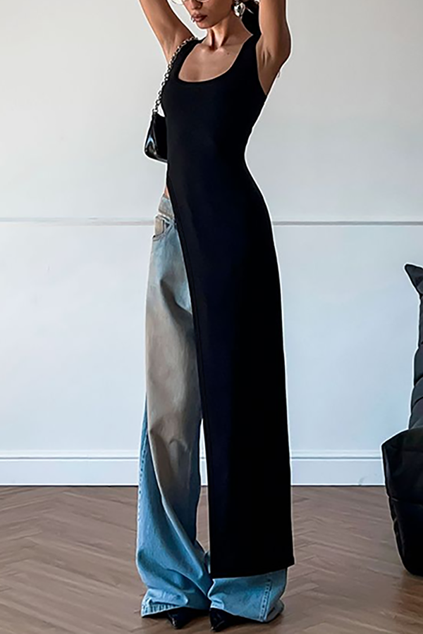 Solid Color Shoulder Strap Slim Fit Slit Maxi Top