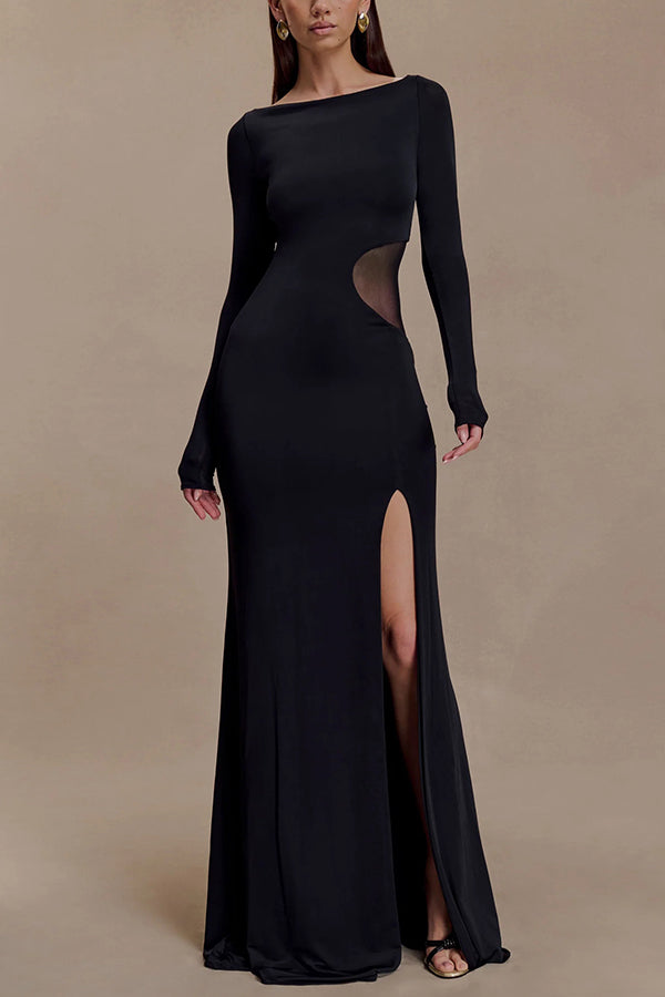 Fashion Long-sleeved Slim Sexy Hollow Slit Maxi Dress