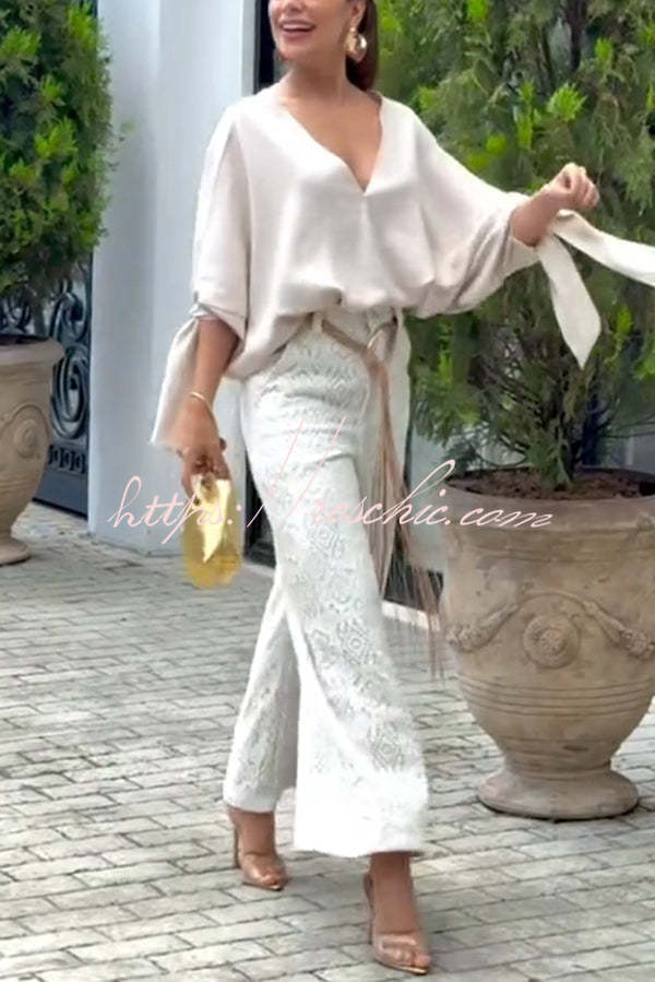 Joyful Bond Linen Blend V-neck Knotted Cuff Half Sleeve Loose Top