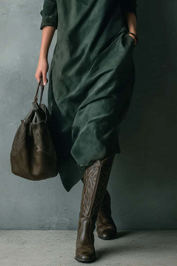 Solid Color Loose Suede Long-sleeved Casual Midi Dress