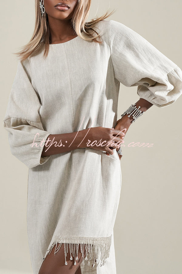 Luna Linen Blend Balloon Sleeve Pocket Silver Tassels Asymmetrical