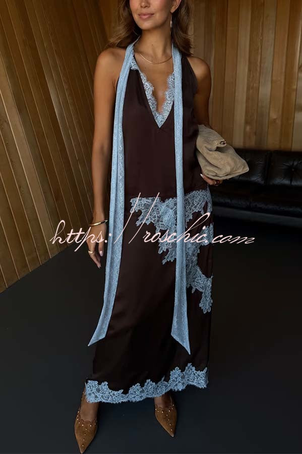 Sunday Social Contrast Color Satin Lace Trim Mid Rise Maxi Skirt (Shipped Within 24 Hours)