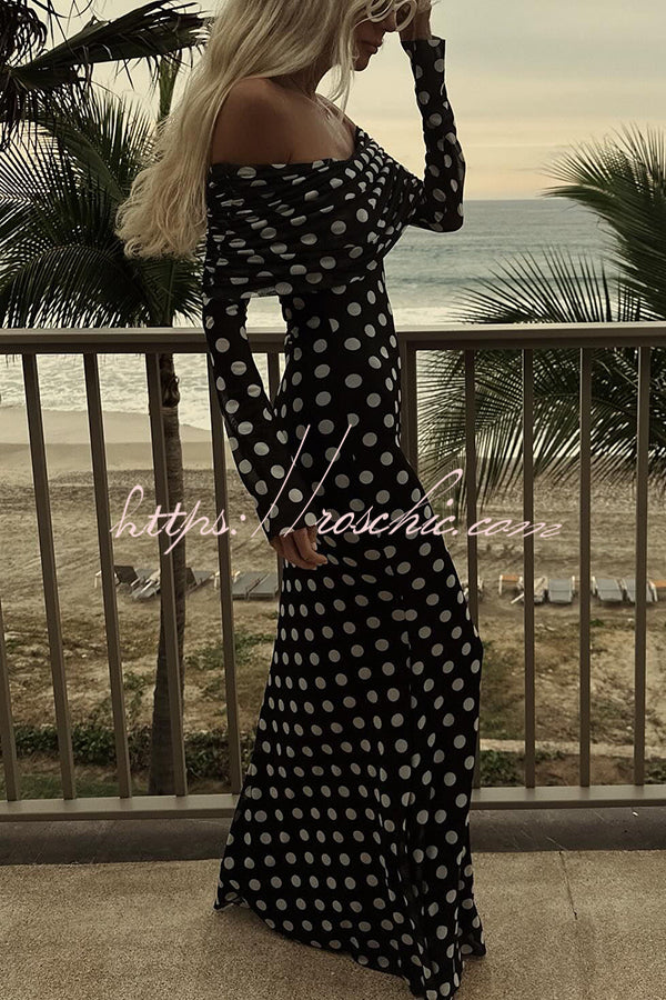 off the shoulder black polka dot dress Chic Statement Polka Dot Print Off Shoulder Ruched Stretch Maxi Dress, Black / M