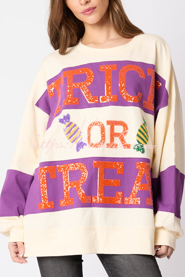 Halloween Letter Sequined Color Block Loose Casual Sweatshirt