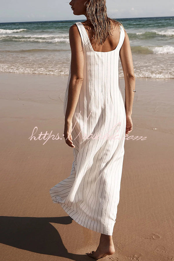 Simple and Stunning Linen Blend Pinstripe Detail Square Neck A-line Maxi Dress