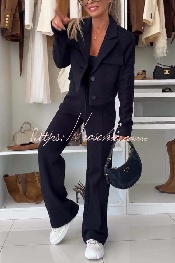 Fashion Lace Panel Long-sleeved Crop Top and Elastic Waist Tie Pocket Casual Pants Set