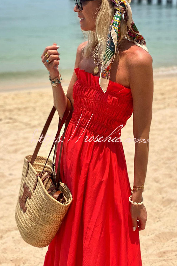 Phuket Sunsets Smocked Bust Off Shoulder Vacation Maxi Dress