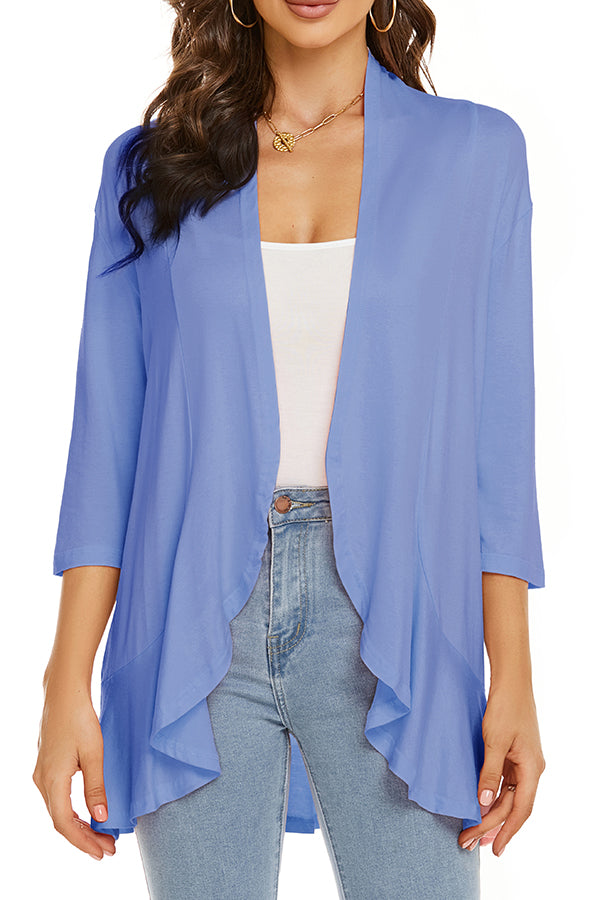Solid Color Casual Three-quarter Sleeve Ruffled Loose Cardigan