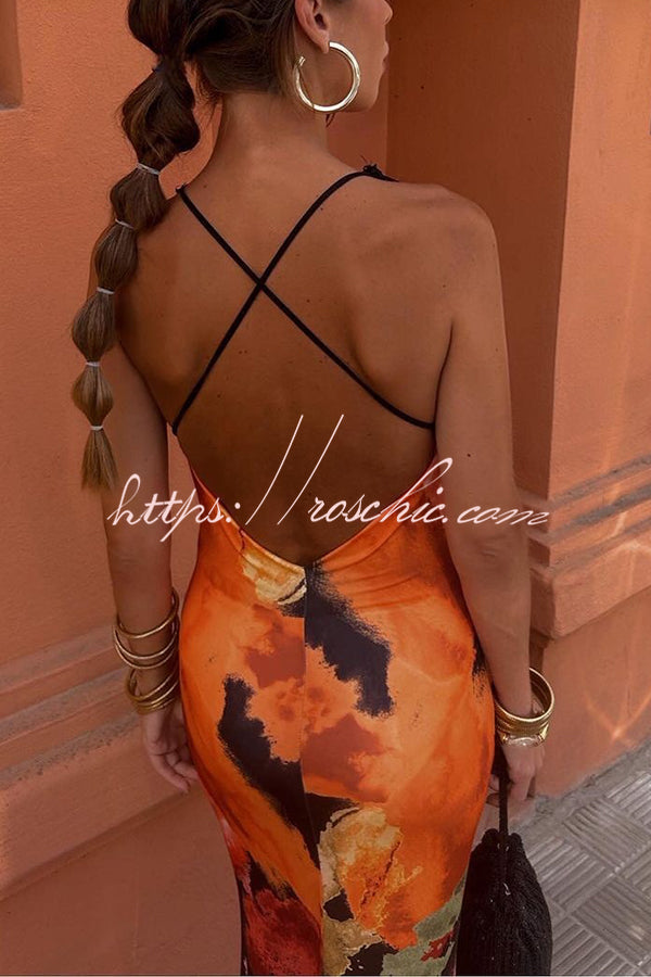 Unique Printed Sexy Lace V-neck Backless Maxi Dress