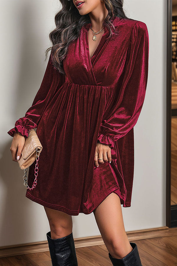 Solid Color Velvet V-Neck Long Sleeve Loose Mini Dress