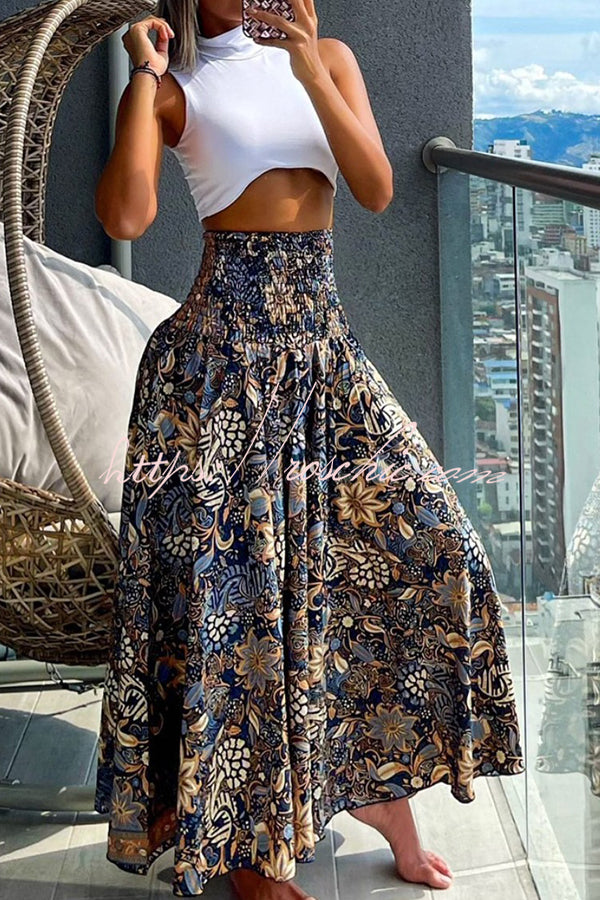 Unique Printed Pleated Elastic Waist Holiday Casual Maxi Skirt