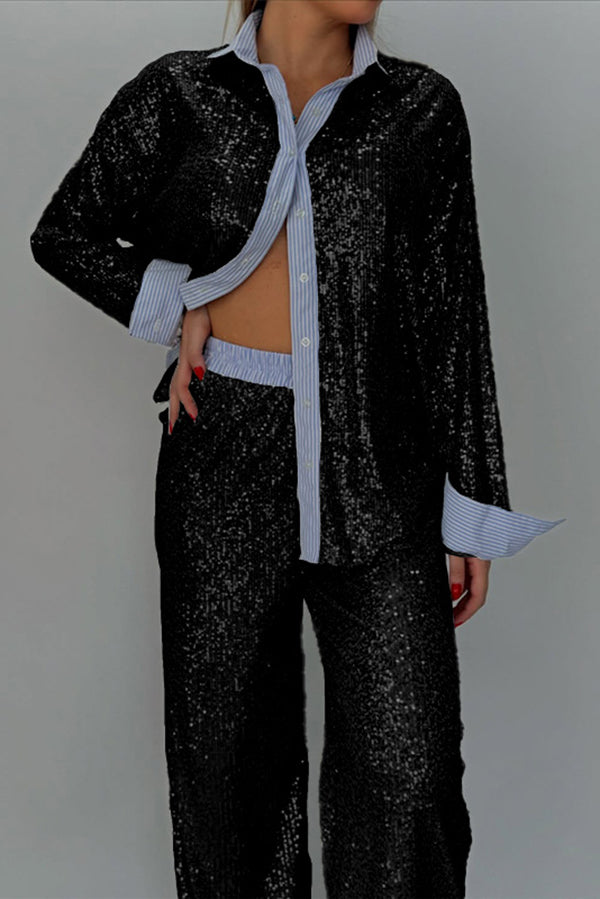 Fashion Sequined Loose Long-sleeved Shirt and Casual Elastic Waist Wide-leg Pants Set