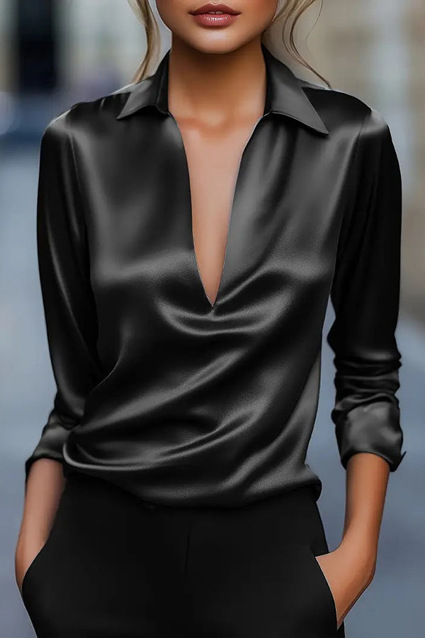 Solid Color Satin V-neck Long-sleeved Casual Shirt