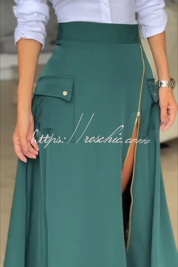 Perfect Shape Elastic Waist Zipper Detail Pocket Cargo Maxi Skirt