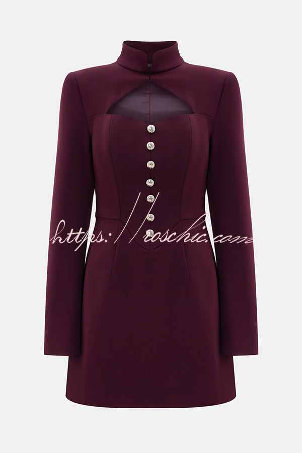 Elegant Long-sleeved Hollowed-out Button-down Slim-fit Mini Dress