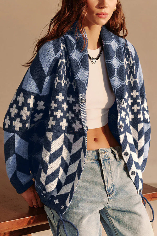 Unique Pattern Lapel Loose Long-sleeved Knitted Sweater