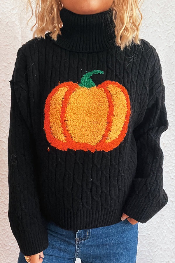 Halloween Pumpkin Knitted Turtleneck Casual Loose Sweater