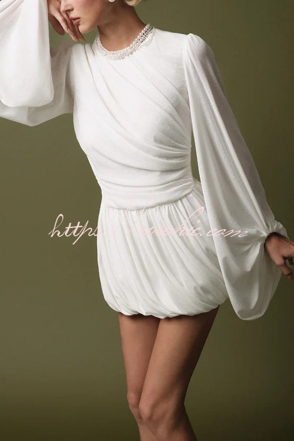 Solid Color Round Neck Lantern Long Sleeve Pleated Casual Mini Dress