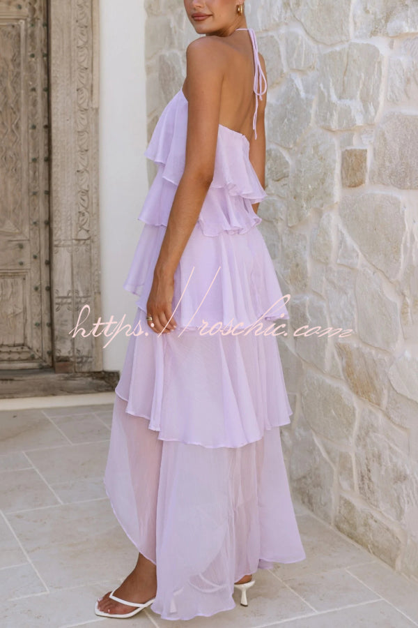 Solid Color Chiffon Halter Neck Elegant Ruffle Maxi Dress, Purple / XL