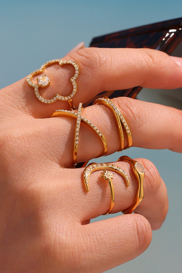 Elegant Super-shiny Zircon Star and Moon Irregular Geometric Ring