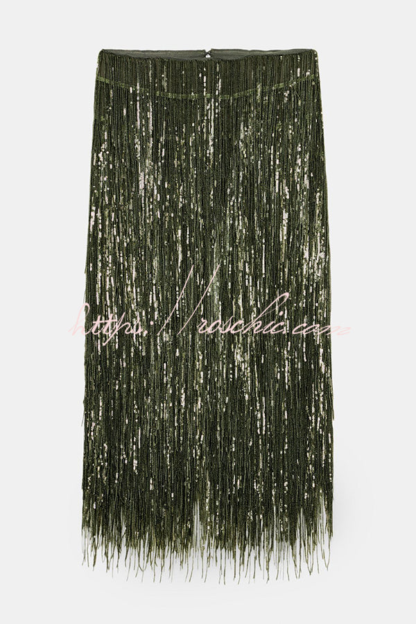 Party Crasher Layered Sequined Tassels High Rise Back Zipper Midi Skirt (Shipped Within 24 Hours)