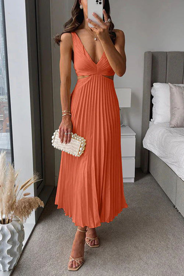 Summer Social Stain Pleated Cutout Waist Loose Midi Dress – roschic