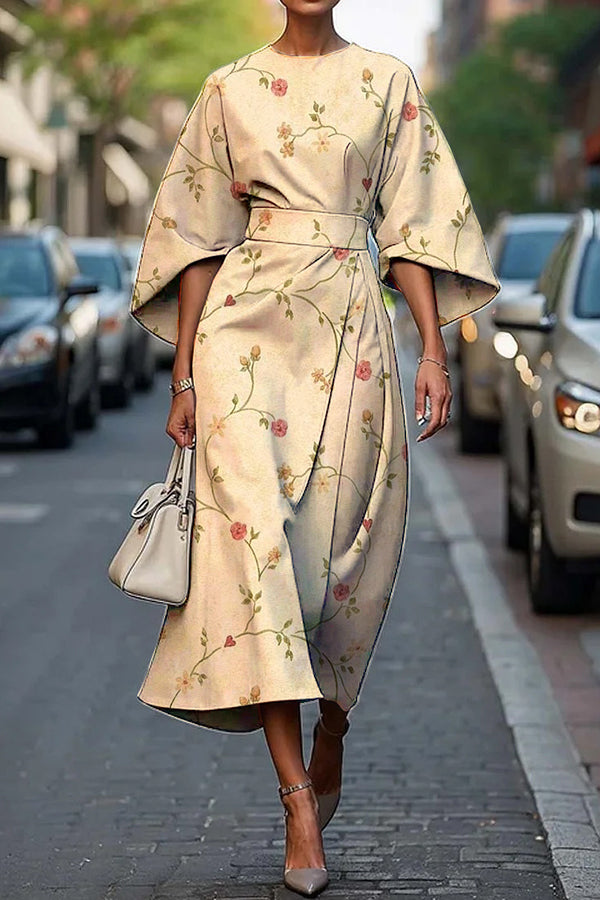 Unique Print Batwing Sleeve Waisted Casual Midi Dress