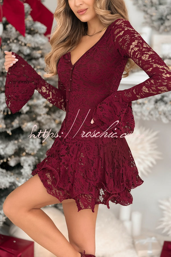 Spake To Me Lace Ruffles Button Up Long Bell Sleeve Asymmetrical Hem Stretch Romper
