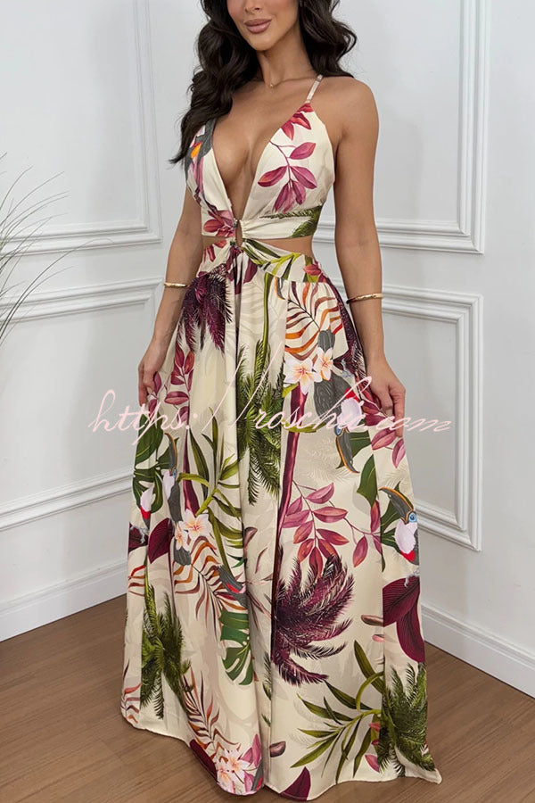 Seinah Floral Print Cutout Waist Open Back Lace-Up Slit Maxi Dress, Beige / S Seinah Floral Print Cutout Waist Open Back Lace-Up Slit Maxi Dress, Beige / S