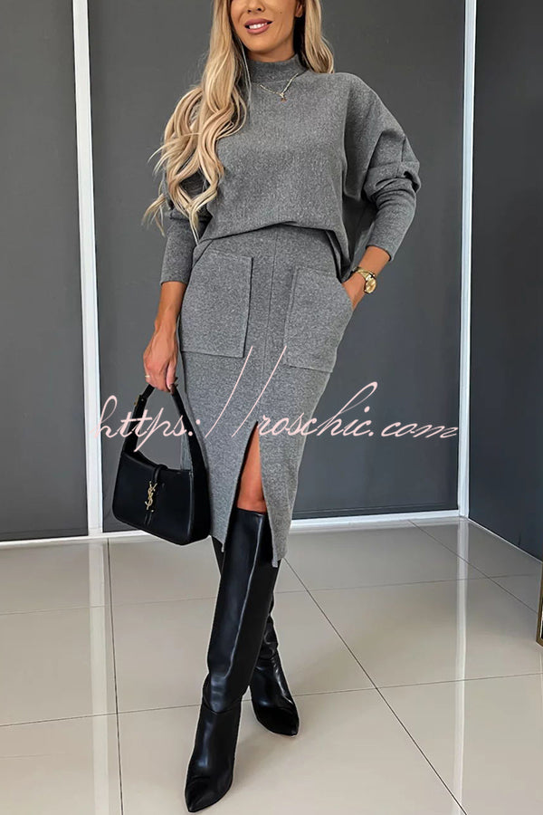 Chill Morning Knit Ribbed High Neck Top and Big Pocket Slit  Stretch Midi Skirt Set